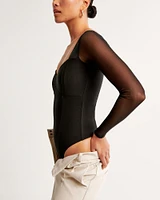 Long-Sleeve Mesh Crepe Sweetheart Bodysuit