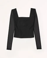 Long-Sleeve Crepe Squareneck Top