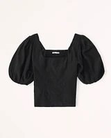 Puff Sleeve Shine Cotton-Blend Squareneck Top