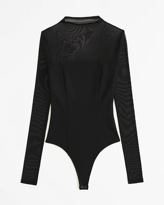 Long-Sleeve Mesh Crepe Mockneck Bodysuit