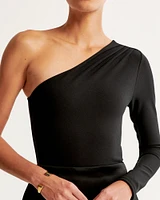 Long-Sleeve Crepe Asymmetrical One-Shoulder Bodysuit