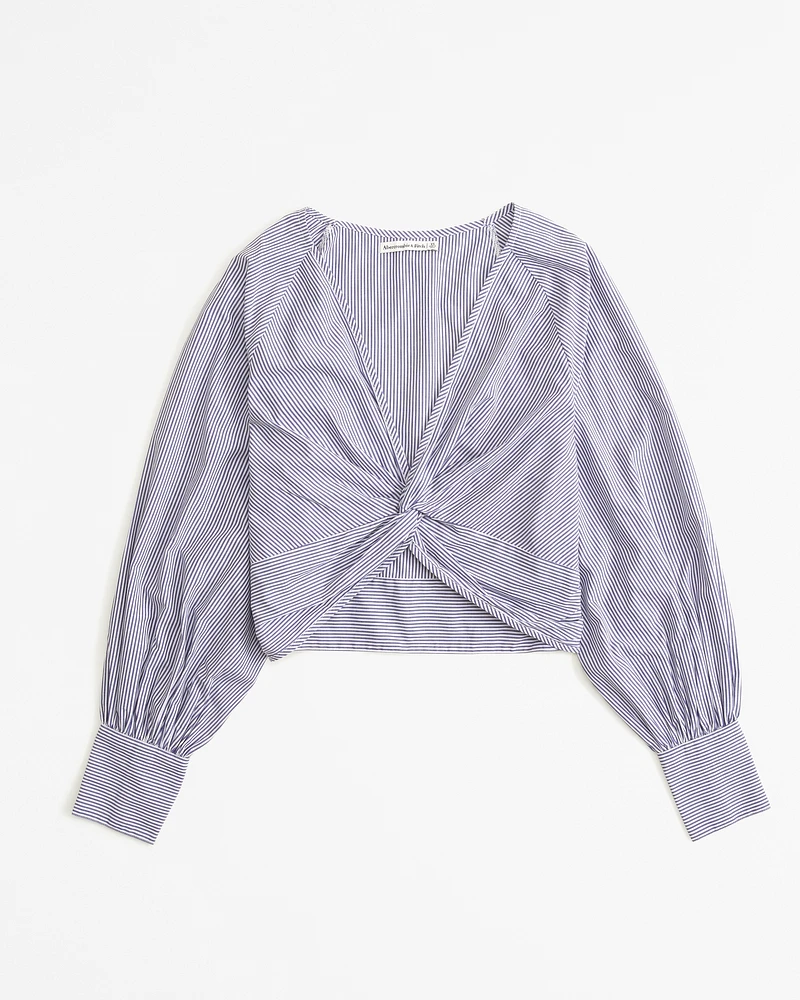 Long-Sleeve Cropped Poplin Twist Top