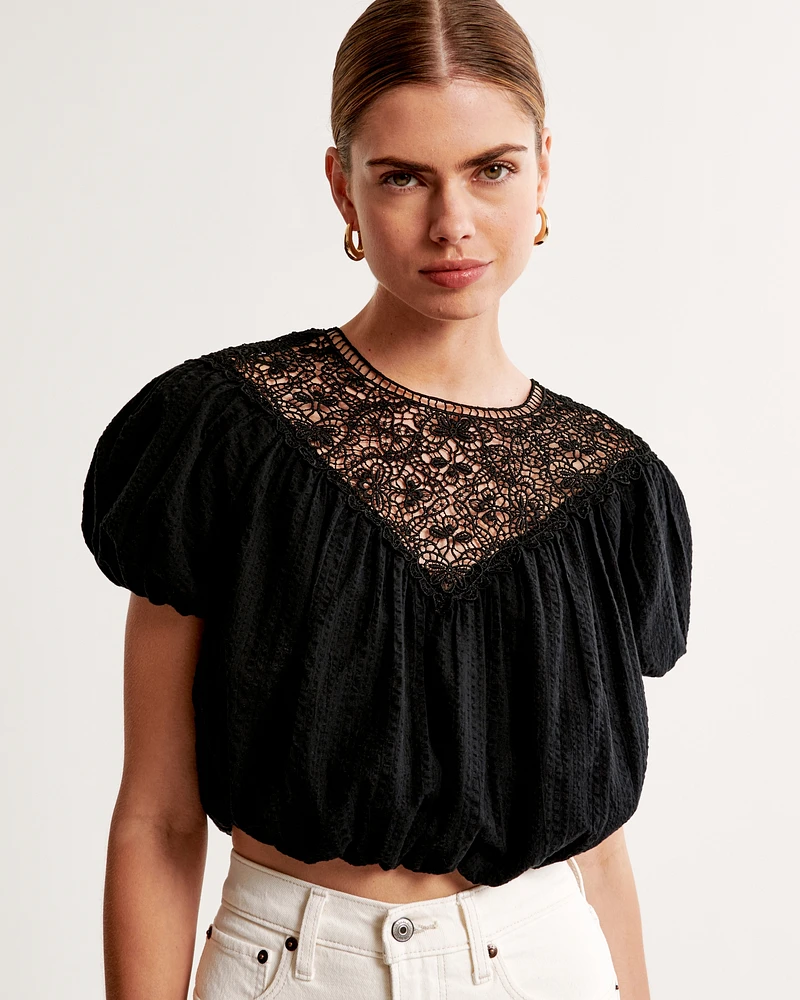 Crinkle Cropped Lace-Trim Bubble Top