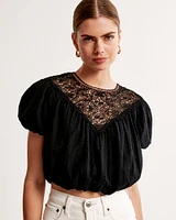 Crinkle Cropped Lace-Trim Bubble Top