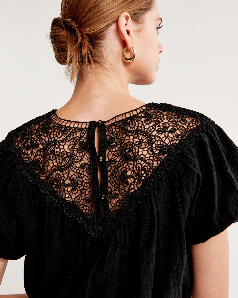 Crinkle Cropped Lace-Trim Bubble Top