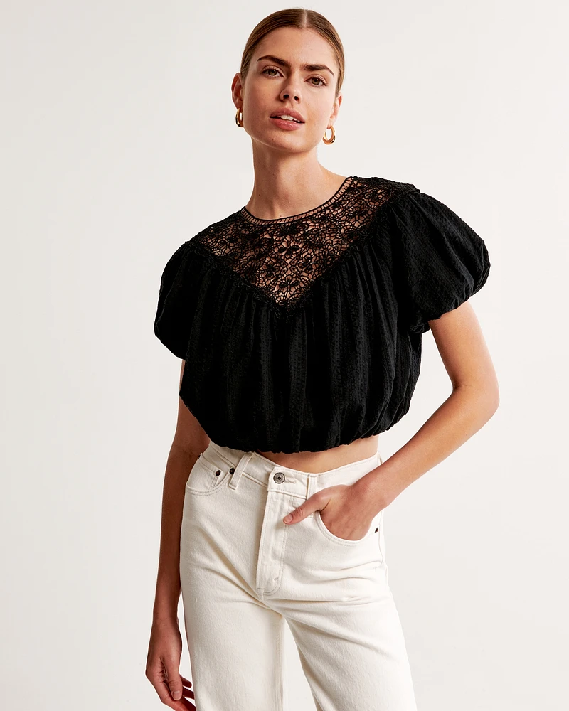 Crinkle Cropped Lace-Trim Bubble Top