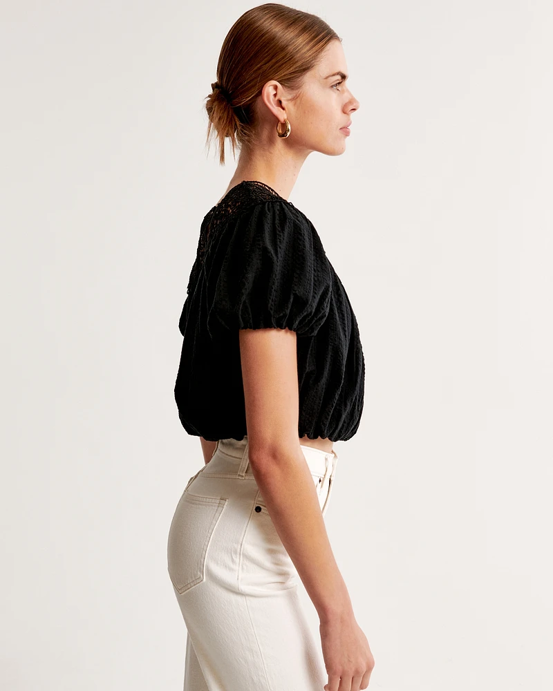 Crinkle Cropped Lace-Trim Bubble Top