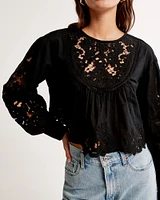 Long-Sleeve Cutwork Crew Top