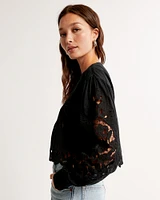 Long-Sleeve Cutwork Crew Top