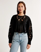 Long-Sleeve Cutwork Crew Top