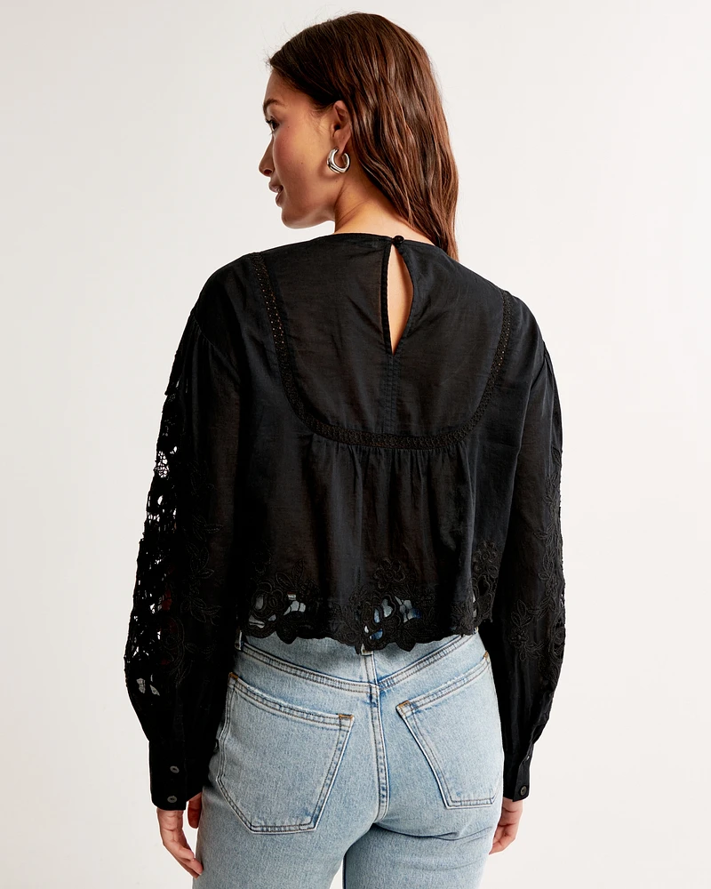 Long-Sleeve Cutwork Crew Top