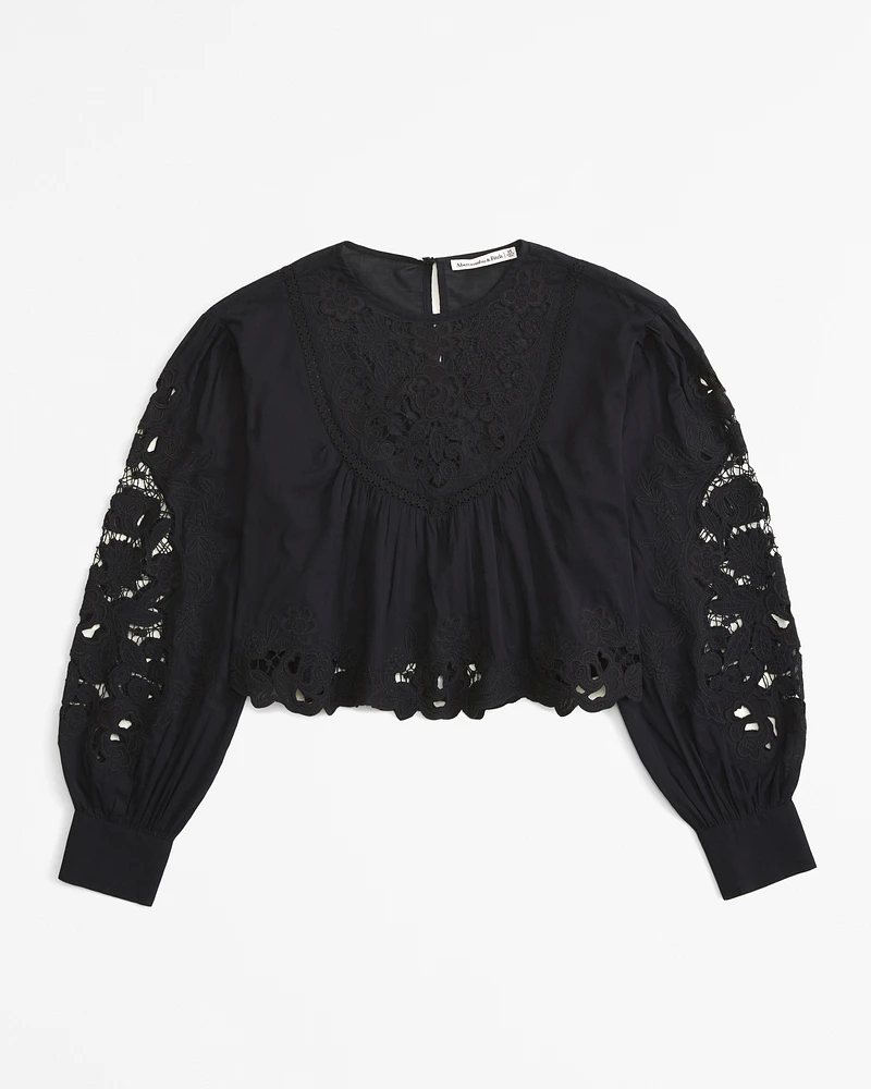 Long-Sleeve Cutwork Crew Top