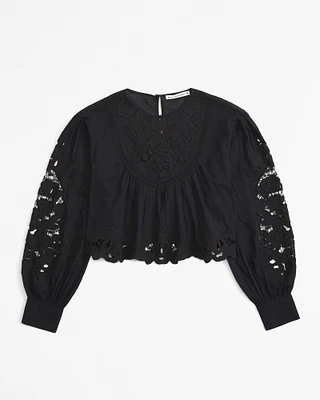 Long-Sleeve Cutwork Crew Top