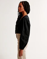 Long-Sleeve Linen-Blend Plunge Cutwork Top