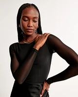 Long-Sleeve Mesh Crepe Shell Bodysuit