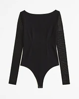 Long-Sleeve Mesh Crepe Shell Bodysuit