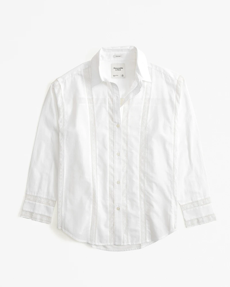 Oversized Lace-Trim Embroidered Button-Up Shirt