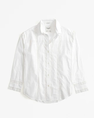 Oversized Lace-Trim Embroidered Button-Up Shirt