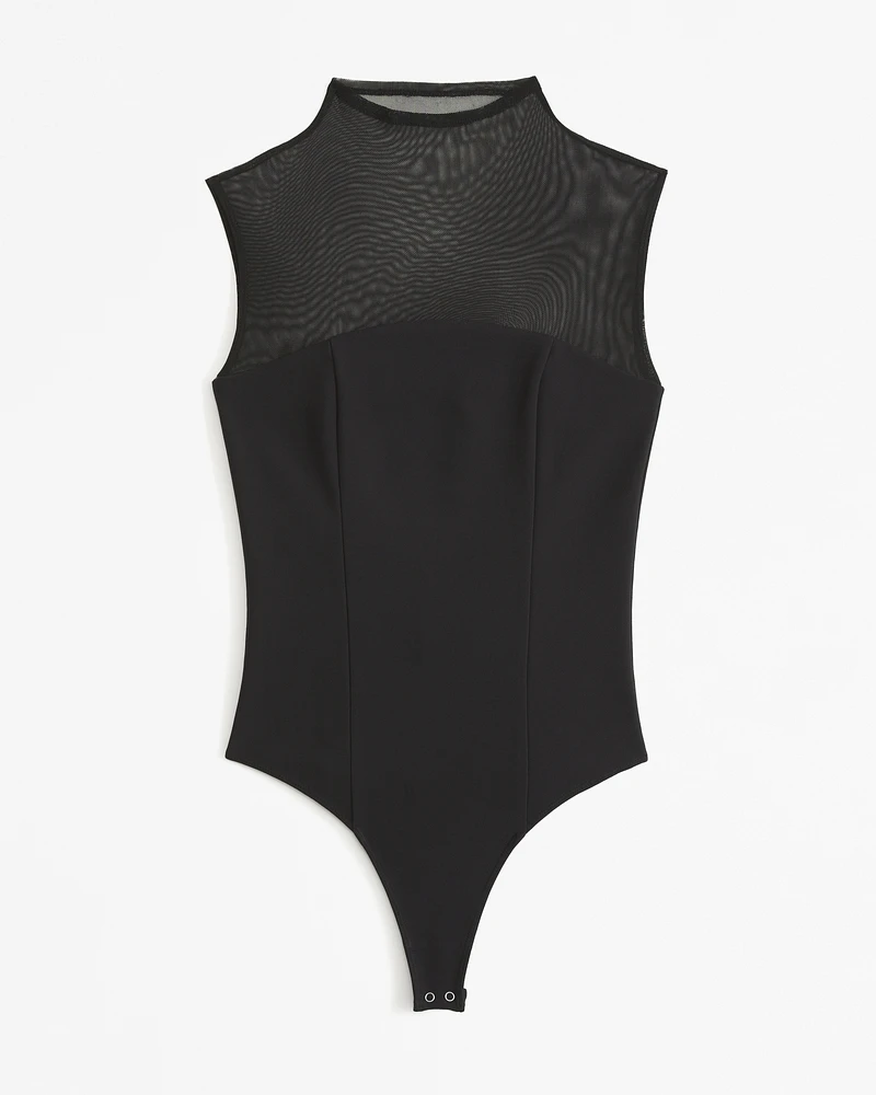 Mesh Crepe Mockneck Bodysuit