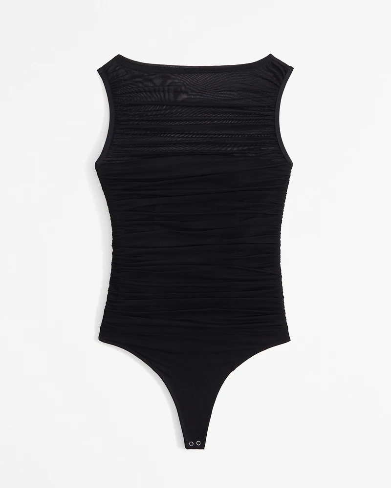 Ruched Mesh Boatneck Bodysuit