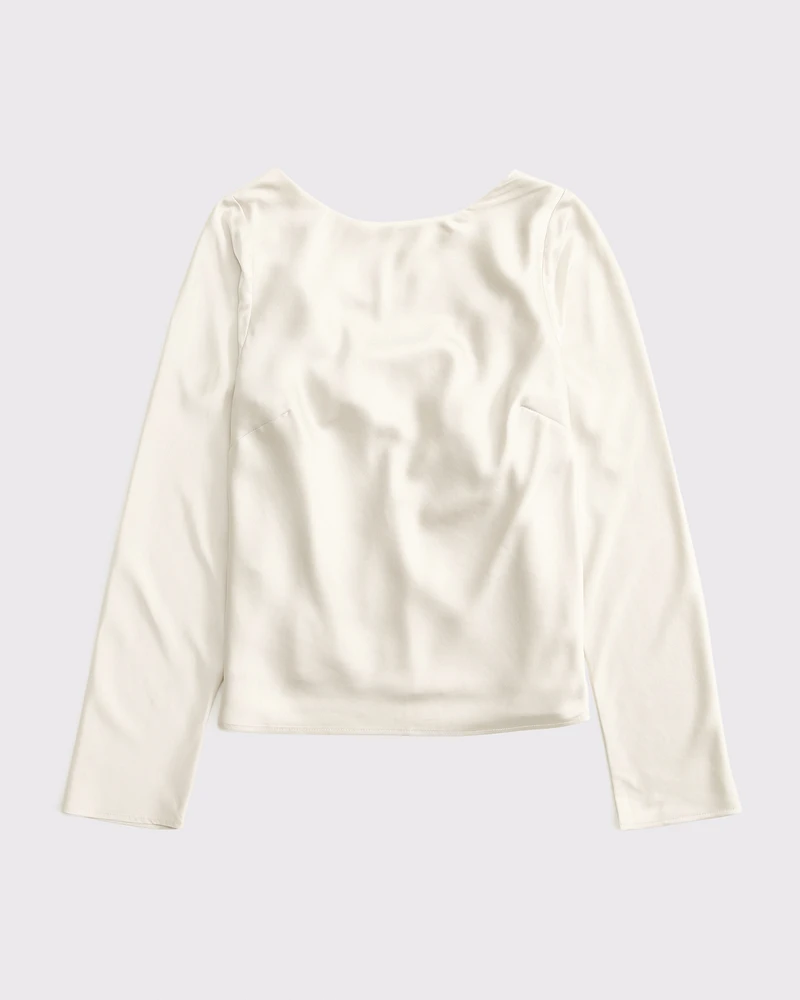 Long-Sleeve Satin Cowl-Back Top