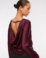 Long-Sleeve Satin Cowl-Back Top