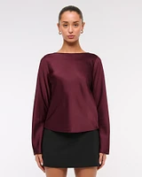 Long-Sleeve Satin Cowl-Back Top
