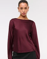 Long-Sleeve Satin Cowl-Back Top