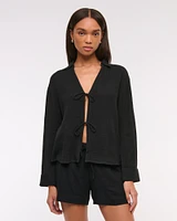 Long-Sleeve Oversized Tie-Front Gauzy Shirt