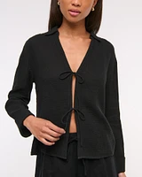 Long-Sleeve Oversized Tie-Front Gauzy Shirt