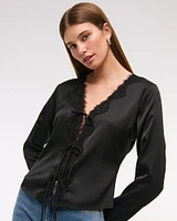 Long-Sleeve Lace-Trim Tie-Front Top