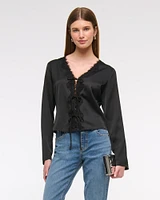 Long-Sleeve Lace-Trim Tie-Front Top