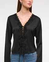 Long-Sleeve Lace-Trim Tie-Front Top