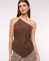 One-Shoulder Asymmetrical Linen-Blend Top