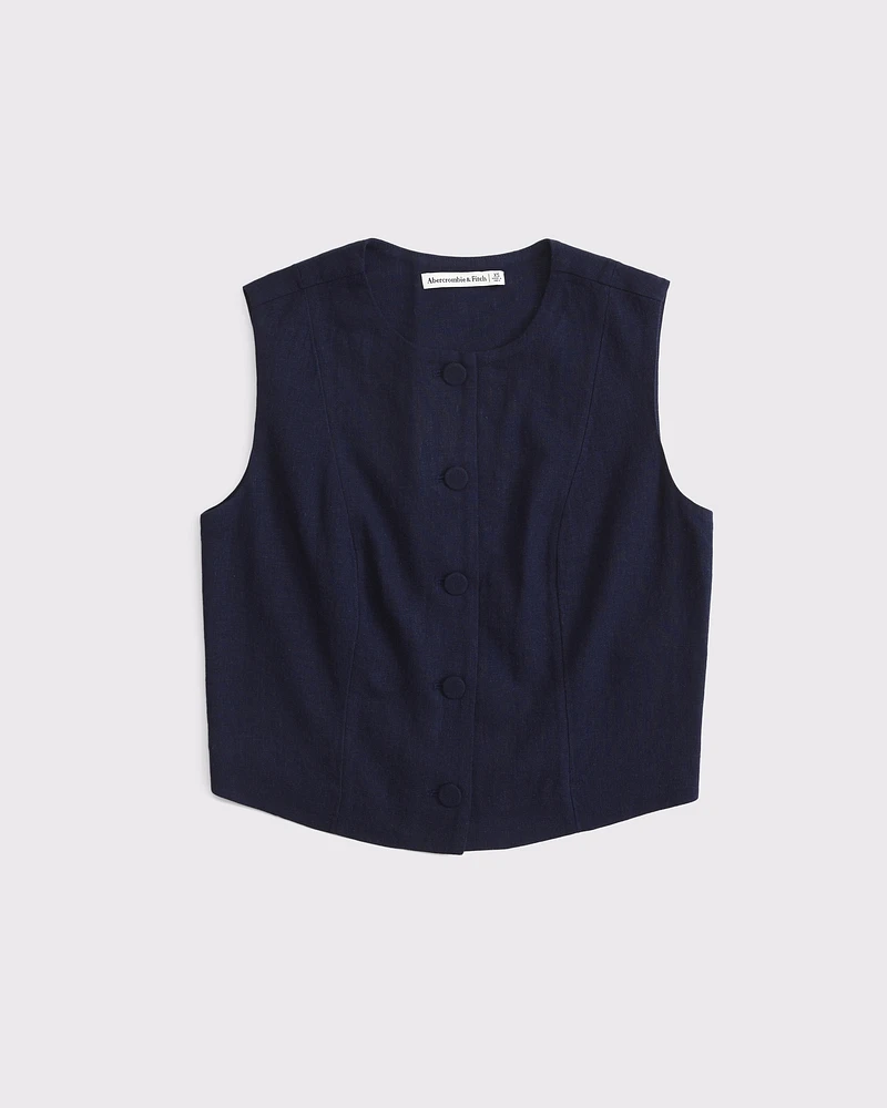 Cropped Linen-Blend Button-Through Vest