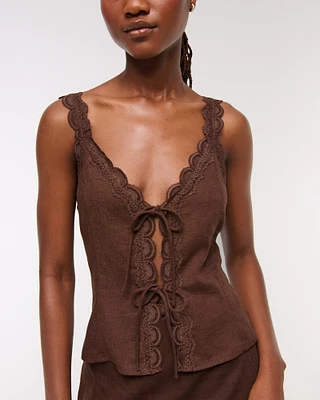 Lace-Trim Tie-Front Peplum Top