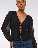 Long-Sleeve Tie-Front Sheer Top