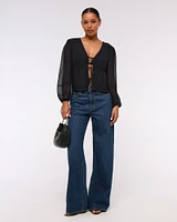 Long-Sleeve Tie-Front Sheer Top