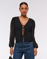 Long-Sleeve Tie-Front Sheer Top