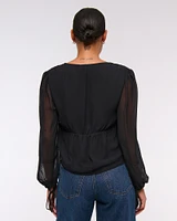 Long-Sleeve Tie-Front Sheer Top