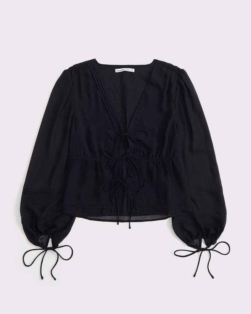 Long-Sleeve Tie-Front Sheer Top