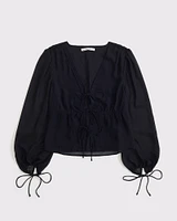 Long-Sleeve Tie-Front Sheer Top