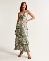 Satin Pleated Tiered Maxi Skirt