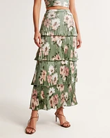 Satin Pleated Tiered Maxi Skirt