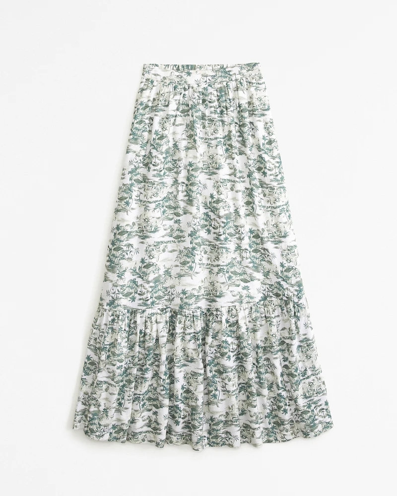 Linen-Blend Tiered Midi Skirt