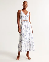 Linen-Blend Embroidered Tiered Maxi Skirt