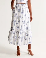 Linen-Blend Embroidered Tiered Maxi Skirt