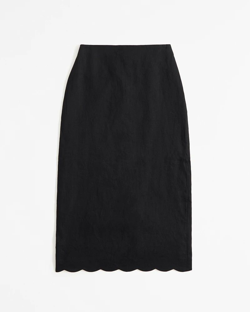 Premium Linen Scallop-Hem Midi Skirt