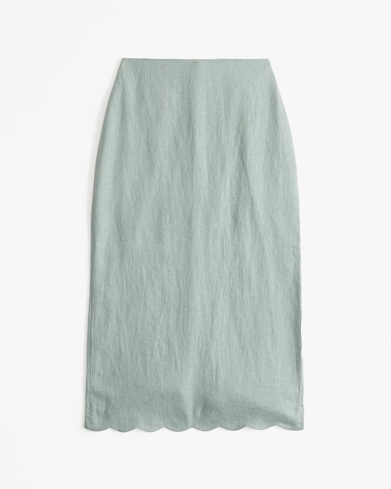 Premium Linen Scallop-Hem Midi Skirt