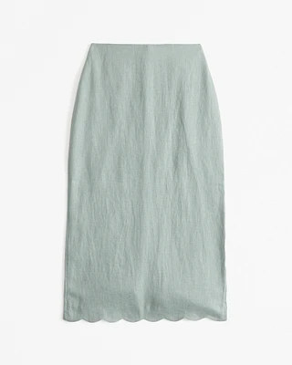 Premium Linen Scallop-Hem Midi Skirt